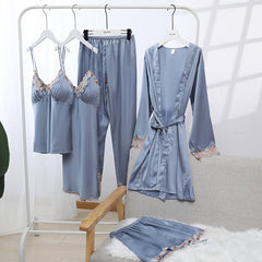Sexy pajamas suspender nightdress spring and autumn style lace edge nightgown five-piece set home service
