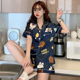 Fashion Print Pajama Sets Silk Pajamas Korean Style Cute Short Sleeve Nightgown Comfort Two Piece Suit