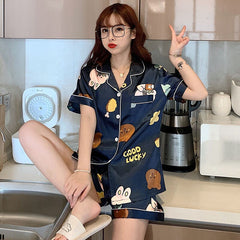 Fashion Print Pajama Sets Silk Pajamas Korean Style Cute Short Sleeve Nightgown Comfort Two Piece Suit