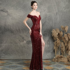 Ladies sexy sequins one shoulder elegant temperament banquet evening dress