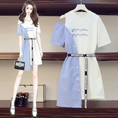 فستان نسائي صيفي لعام 2023 بأكتاف باردة وطباعة حروف فستان غير منتظم ملابس خروج غير رسمية بخياطة مخططة فستان قميص متوسط الجزء 4*10