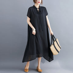 Ladies summer plus size women's clothing fat mm loose and thin cover belly lapel tie light and elegant dress women's midi skirt
