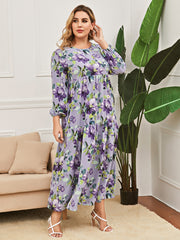 Plus Size Women's Elegant Fashion Round Neck Lantern Sleeve Stitching Print Dress Long Dress