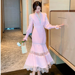 فستان Wavsiyier أنيق بوهيمي فاخر للنساء للحفلات ميدي بأكمام طويلة لربيع 2022 خط دانتيل مطرز شاهق