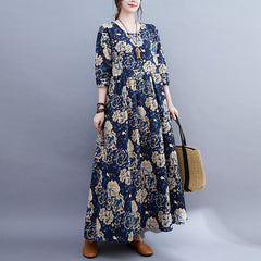 Fat sister temperament cotton and linen dress 160 catties 180 catties fat mother middle-aged clothing temperament printed long skirt
