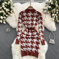 ALPHALMODA New Dress Autumn 2021 Houndstooth Knitted Long sleeved Dress V neck Slim Fit Bodycon Female Chic Fashion Dress