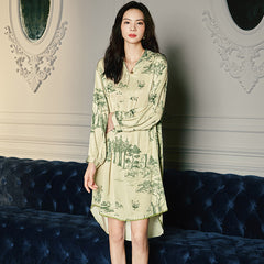 Satin Chiffon Pajamas Ladies Summer V Neck Green Shirt Dress Homewear