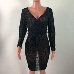 Plus Size 4xl Sexy Bodycon Dress Women V-neck Long Sleeve Dresses Ladies Night Club Party Mesh See Through Sheer Elegant