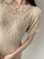 LANMREM Korean Style Elegant Knitted Dress Hollow Round Neck Wrap Hip Fishtail Dresses Female Chic Clothing 2022 Summer 2R2992