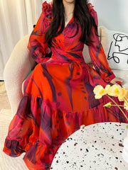 Red Elegant Print Ruffle Dress