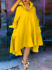 VONDA ladies lady-like temperament solid color shirt dress European and American sweet and elegant lapel button placket front short and back length irregular design long skirt daily spring and summer large size wild dating skirt