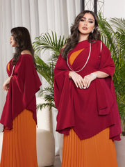 طقم فستان أحمر أنيق برتقالي مطوي وشال مكون من قطعتين