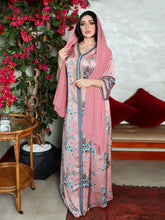 Sweet Pink Floral Maxi Long Dress for Women Ethnic Diamond Ribbon V Neck Middle East Muslim Jalabiya Autumn 2021 New Abaya Eid