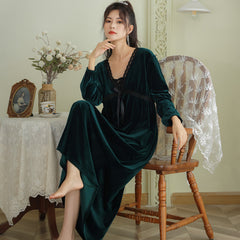 Velvet Nightgown Women Winter Retro Court Style Long Night Dress Victorian Vintage Sleepwear Robe Warm gold velvet pajamas HomeWear