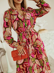 مثير الخامس الرقبة بوهو فانوس كم طويل فستان الشاطئ أنيقة مطبوعة الشيفون خمر المرأة أزياء من الدانتل حتى مطوي فستان الحفلات