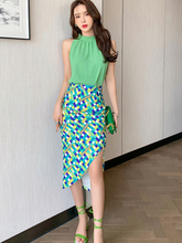 Vintage Sexy Halter Sleeveless Tops Women OL Elegant Bodycon Print Asymmetrical Midi Skirt Casual Loose Shirt Blouse 2-Piece Set