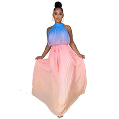 Round neck sleeveless elegant tie-dye elegant waist dress