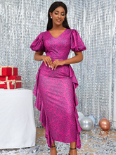 African Women Midi Bodycon Dresses Purple Floral Printed Ruffle Dress Short Sleeve Summer Big Size Birthday Party Event Gowns