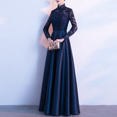Ladies stand-up collar satin long-sleeved banquet evening dress L521