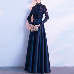 Ladies stand-up collar satin long-sleeved banquet evening dress L521