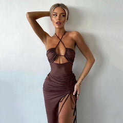 Women's style spring new dress sexy slit hanging neck casual dress