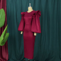 Women Bodycon Dress Long Lantern Sleeve Ruffles Patchwork O Neck Midi Birthday Wedding Party Outfits Large Size New Female Gowns
