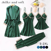 4pc Silk Robe Sleep Suit Women'S Lace Chiffon Satin Pajamas Gown Set V-Neck Night Wear Pajama Home Nightwear Nightdress