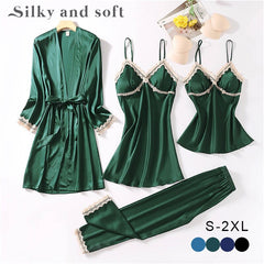 4pc Silk Robe Sleep Suit Women'S Lace Chiffon Satin Pajamas Gown Set V-Neck Night Wear Pajama Home Nightwear Nightdress