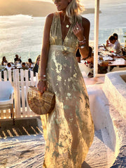 2023 الأوروبية والأمريكية الربيع والصيف جديد مثير الخامس الرقبة البرنز فستان غير رسمي عطلة حفلة المرأة تنورة كبيرة