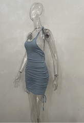 Cryptographic Halter Ruched Drawstring Solid Bodycon Dress Women Club Party Hot Backless Sleeveless Summer Mini Dresses