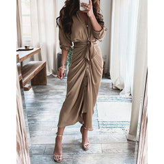 Long Sleeve V Neck Button Print Dress Long Dress Women's