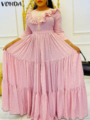 VONDA Elegant Dresses For Women 2022 Polka Dot O Neck Long Sleeve Spliced Ruffles Pleated A-Line Vestidos Bohemian Party Casual Plus Size Long Dress
