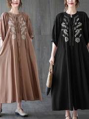 Large Women's 2023 Summer Fat mm Vintage V-Neck Single breasted Waist Flare Sleeve Long Dress