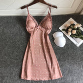 Summer Lace Dot Nightgown Women Thin Out Ice Silk Strap Chest Pad Nightdress