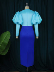 AOMEI Women Sheath Dress Party Shiny Elegant Blue Color Block Bodycon O Neck Long Lantern Sleeves Event Birthday Fall