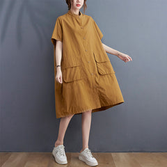 Large size solid color dress literary retro fat MM small stand collar button pocket casual skirt