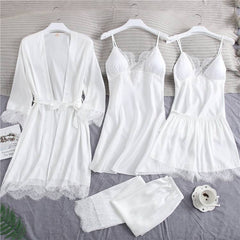 Sexy Full Slip Lace White Silk Pajamas Set Women 5PCS Chemise Bride Wedding Robe Nightgown Sleepwear Kimono Bathrobe Lingerie