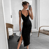 Fashion Bow Straps Sexy Summer Dress Women Backless Midi Dresses 2021 Black Elegant Sleeveless Split Women's Party Dress Robe