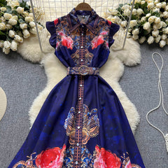 Retro Palace Style Lapel Printed Elegant Dress Female Summer