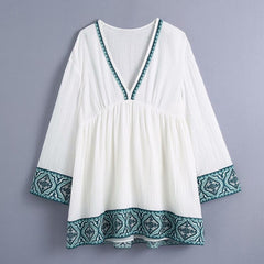 Women White Dress Summer Casual Loose Embroidered Cotton Mini Dresses Ladies Boho Sexy Deep V-neck Beach Dress Vestidos