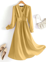ZANZEA Women Elegant Mid-calf Solid Dress Spring Autumn V Neck Long Sleeve A-line High Waist Elegant Vestidos Korean Style