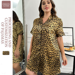 Spring and summer new large size ice silk pajamas women's summer thin sexy leopard print simulation silk shirt nightdress