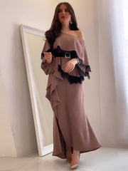 Elegant Lace Panel Ruffle Belt Slit Dress