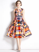 Retro waist slimming sleeveless printed mid-length dress