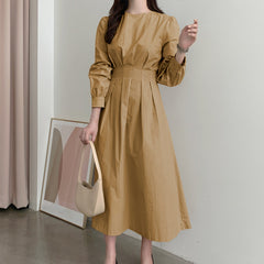 VONDA ladies Japanese and Korean casual solid color dresses, elegant and simple casual round neck pleated waist long-sleeved A-line skirt, large-size skirt, daily spring and autumn large size trend long skirt