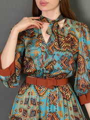 Blue Elegant Paneled Chiffon Belt Dress