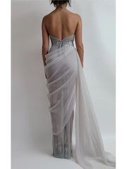 Elegant Pleated Solid Dress Women Sexy Sleeveless Backless High Slit Sheath Dress Summer Women Cocktail Tank Top