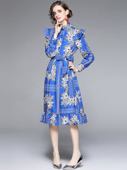 High-end elegant temperament printed long-sleeved dress female fashion ladies lace-up dress