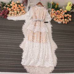 Retro high-end light luxury temperament stand collar hook flower hollow waist a-line lace cake dress elegant long skirt