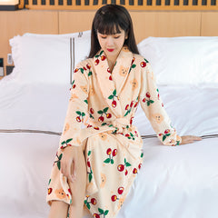Coral fleece nightgown women's autumn and winter thickened mid-length flannel pajamas nightdress two-piece set warm bathrobe